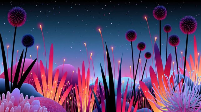 Surreal alien landscape with glowing plants and starry night sky, vibrant colors, fantasy flora.