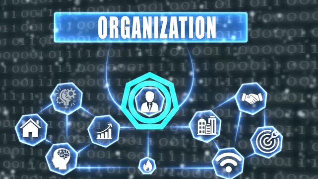 Business organization network with icons and binary code
