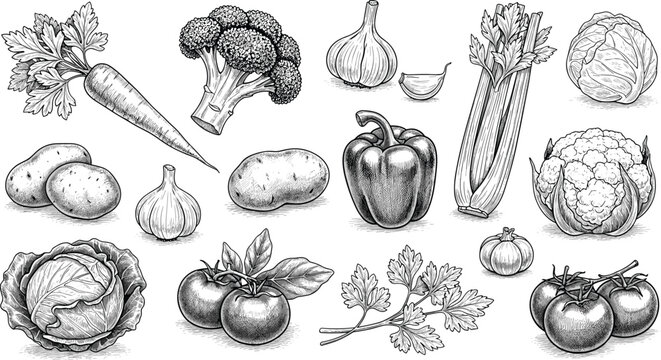 Hand-drawn vegetable vector set. Featuring broccoli, carrot, potato, and cabbage sketches. Perfect for organic food packaging, menus, and botanical designs.