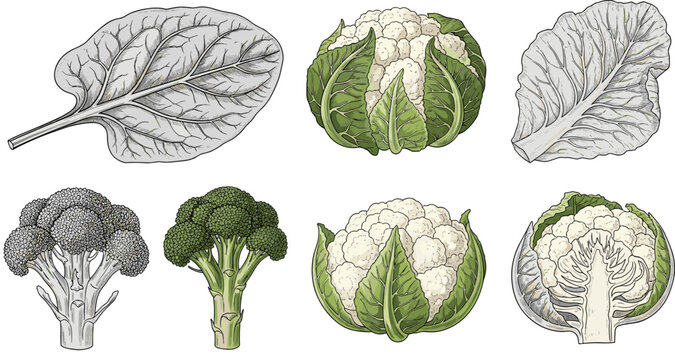 Leafy vegetables vector set with cabbage and broccoli. Hand drawn monochrome and colored sketches for food design and packaging.