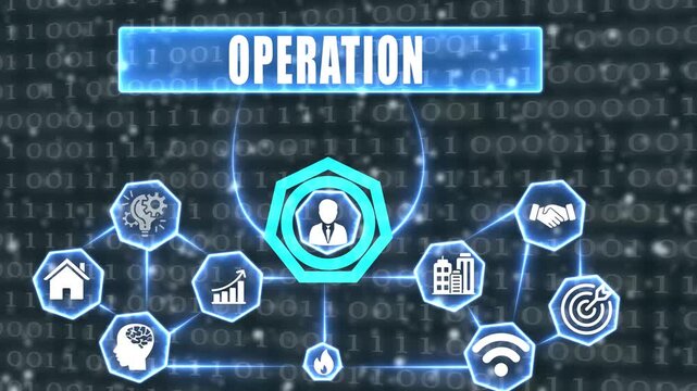 Digital Operation Network With Icons And Binary Code Background