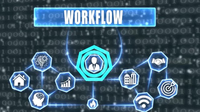 Digital Workflow Network With Icons And Binary Code Background