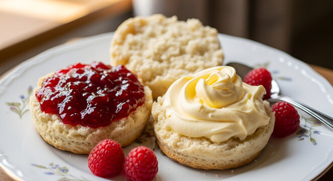 Close-up shot of fresh scones served with clotted cream and raspberry jam on a decorative plate, perfect for a tea time snack