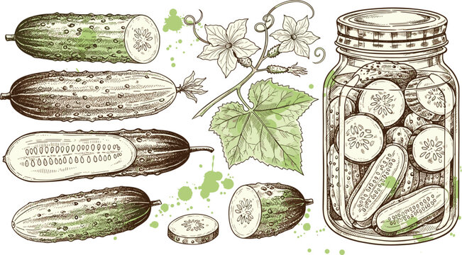 Cucumber vector set with jar and plant illustration. Hand drawn sketches of cucumbers, slices, and vine with a green splash for food packaging and design.