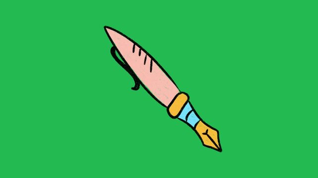 Hand-Drawn Classic Fountain Pen | 2D Animated Writing Stationery on green screen | Playful Doodle Ink Pen Graphic hand drawn animation