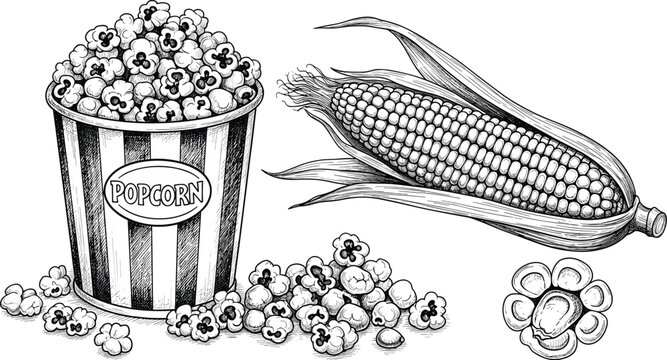 Popcorn vector set. Hand-drawn popcorn bucket, corn cob, and popcorn kernels in detailed vintage style. Ideal for food and snack illustrations