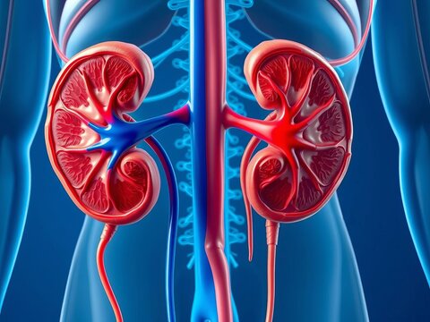 Anatomical diagram of kidneys, renal system, nephrons, glomeruli, tubules, blood vessels, urinary tract, anatomical, glomeruli