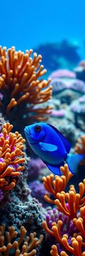 Bright blue damselfish dart among vibrant coral formations, aquatic, blue water