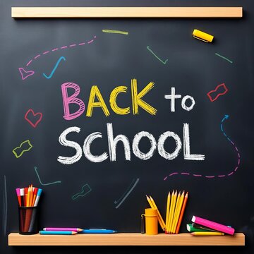 Chalkboard covered in colorful chalk marks reading "Back to School" with a double border of school supplies, chalkboard, classroom
