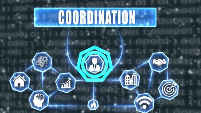 Business coordination network with icons and binary code