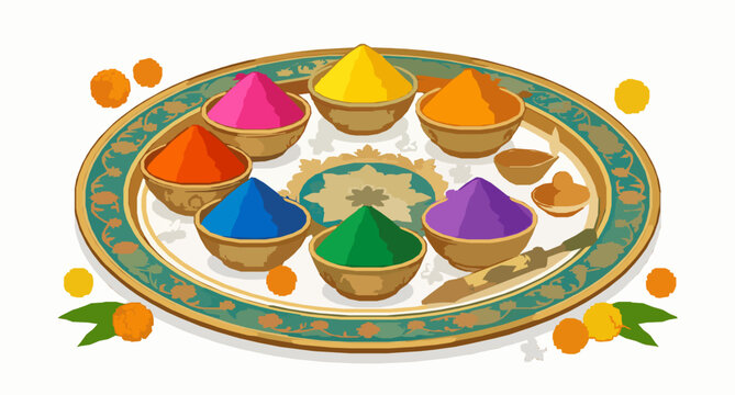 Decorative Holi gulal thali vector Indian festival color powder plate isolated on white background