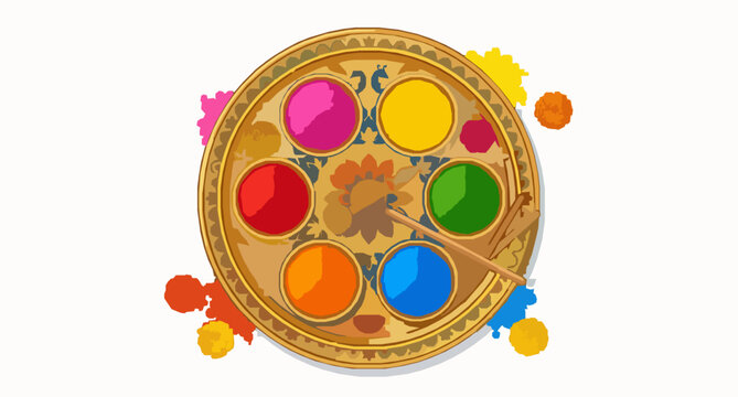 Holi gulal thali vector colorful powder plate Indian festival decoration isolated on white background