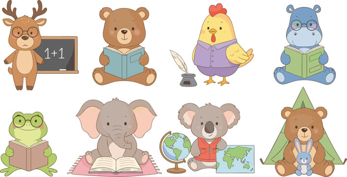 Cute Animal Learning and Education Collection with Bear, Deer, Frog, Elephant, Koala, Chicken, and Hippo Reading Books Flat Vector Illustration Set