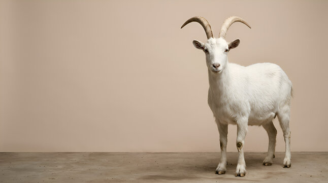 A hyperrealistic 16K studio photograph representing Eid al-Adha (Qurban) featuring a brown cow and a white goat standing side by side in the foreground, both facing forward with calm natural posture