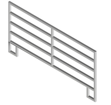 : isometric 3d render of an agricultural metal fencing panel. detailed steel framework with parallel horizontal bars and metallic lighting, ideal for farm infrastructure or barrier visualization.