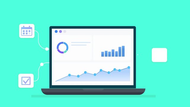 Animated flat illustration of a laptop displaying analytics charts with calendar and checklist icons, representing scheduling, task organization, and digital workflow management.