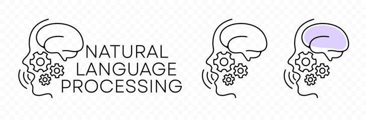 Natural language processing, artificial intelligence, nlp and ai, graphic design. Face, brain, gears, machine learning and deep learning, vector design and illustration © artsterdam