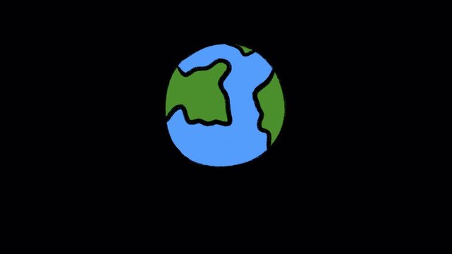 ( Hand-Drawn Rotating Earth Globe | 2D Animated Planet Earth with Alpha Channel | Playful Doodle World Map Asset transparent background )