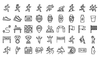 Running and jogging outline icon set with fitness tracking race elements and editable stroke vector collection © Shameem