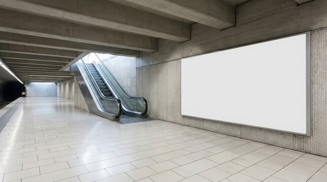 Interior of a modern metro station with blank billboard and escalator