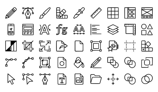 Design and creative process outline icon set with UI tools typography and editable stroke vector collection