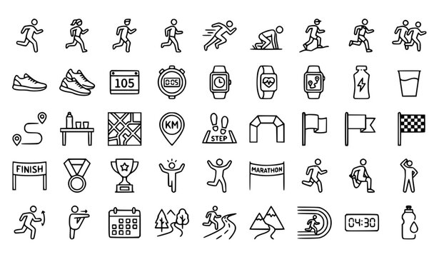 Running and jogging outline icon set with fitness tracking race elements and editable stroke vector collection