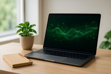 Fototapeta premium Sustainable AI workspace with laptop and plant