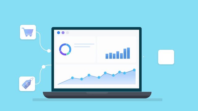 Animated flat illustration of a laptop displaying analytics charts with shopping and payment icons, representing ecommerce activity, online transactions, and digital business workflow.