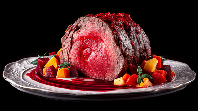Cooked beef roast with roasted vegetables and red sauce gastronom a l quido