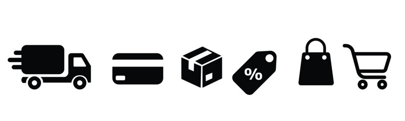 Fototapeta premium Black online shopping icons set featuring delivery truck package and shopping cart