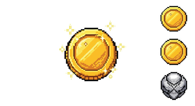 This pixel art collection features shiny golden coins with sparkling effects and a detailed grey orb, set against a clean white background.