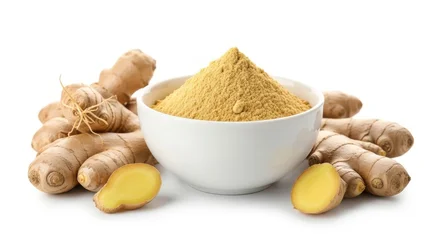 Fresh ginger root and ground ginger powder in white bowl, organic spicy ginger rhizome slices, aromatic culinary spice for cooking and wellness © Musfiqur