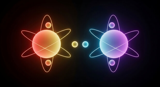 Abstract scientific visualization of two glowing atoms and subatomic particles representing quantum entanglement fusion energy and advanced particle physics