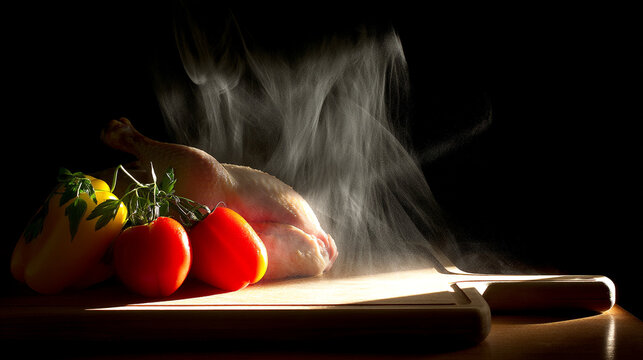 Still life with chicken tomatoes bell peppers steam rising raw chicken cutting board