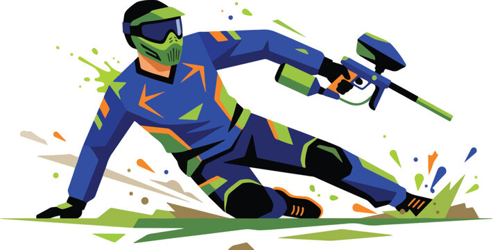 A dynamic illustration of a paintball player in action, with vibrant colors and a focus on the blue sea slug, glaucus