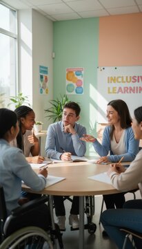 Diverse group discussing inclusion at round table meeting. Black woman, wheelchair user and three people sit together at round table talking, representing accessibility, diversity and inclusive