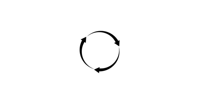Three white arrows forming a circular rotation symbol on white background.refresh arrow icon Abstract arrow refresh and recycle icon. 4k Animation video on Black Background