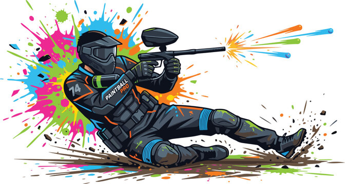 Dynamic paintball vector illustration of a player in action, firing a paintball gun with colorful paint splatters