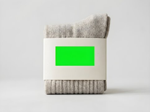 A neatly arranged stack of mock up gray socks wrapped in a white label with a green screen on a clean white background for product display.