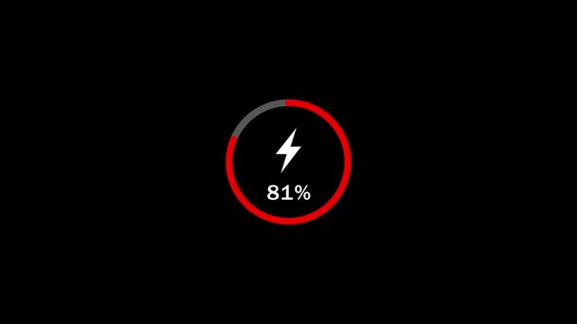 Red Loading screen at 100%, screen cell phone display charging battery 100% on Black Background and features 4k Animation video