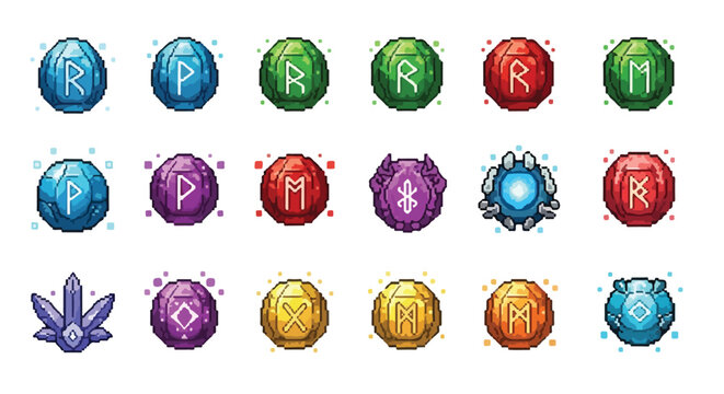 A collection of eighteen pixel art magic runes and mystical gemstones, each uniquely designed with vibrant colors and ancient symbols for games.