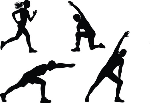 Dynamic fitness silhouettes of running, stretching, lunging, and exercise poses for health, wellness, and sports design