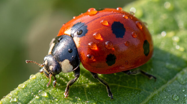 A hyper-detailed macro photograph of a Seven-Spot Ladybug perched on a vibrant green leaf. The focus is tack-sharp on its glossy, scarlet-red elytra and its seven distinct, jet-black spots.