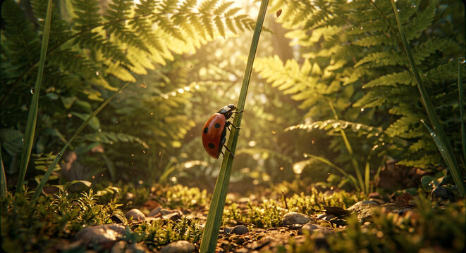 A cinematic, low-angle shot from the perspective of the forest floor, looking up at a ladybug climbing a towering blade of grass. The background is a dreamy, sun-dappled canopy of emerald ferns. The l