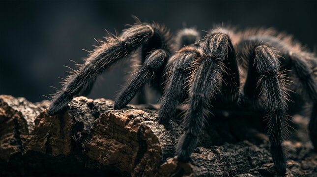 An intimate, low-light shot of a tarantula's pedipalps exploring the edge of a piece of cork bark. The sensory hairs are backlit, creating a glowing rim-light effect.
