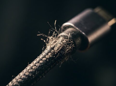 Close up of broken frayed braided usb charging cable showing damaged wire connection on dark background