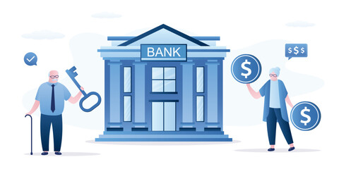 Elderly couple stands before bank building, holding large coins and key to represent financial security and retirement savings. Pension planning, good money management. © naum