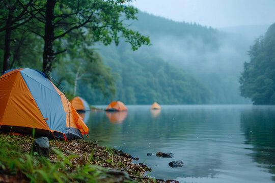 Hiker resting on hilltop with scenic mountain view created by generative AI