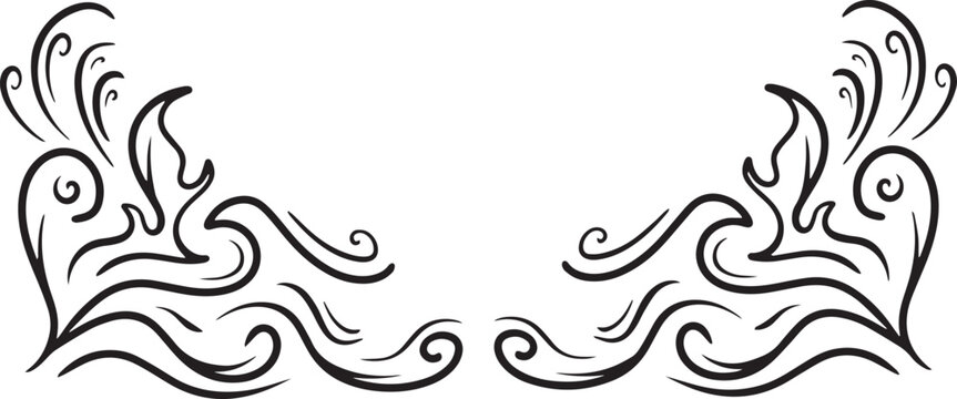 A pair of hand-drawn vintage corner border elements featuring elegant black flourishes, swirls, and leaf-like ornaments on a white background