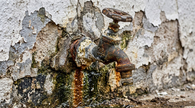 Timeworn brass faucet adorned with calcification and verdigris, embedded in a cracked plaster surface showing years of neglect